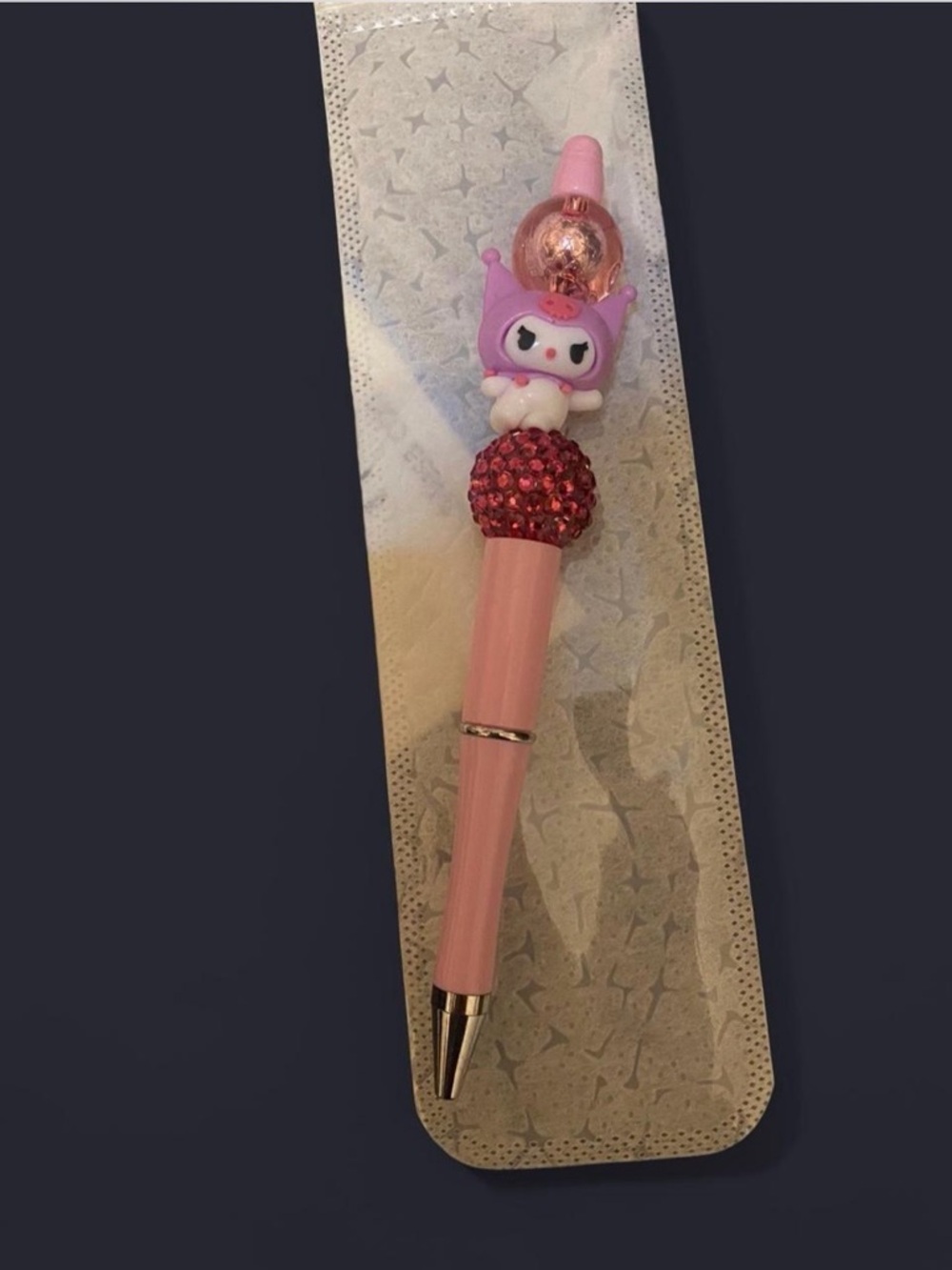 Pink Character Charm Ballpoint Pen with Rhinestone Accent